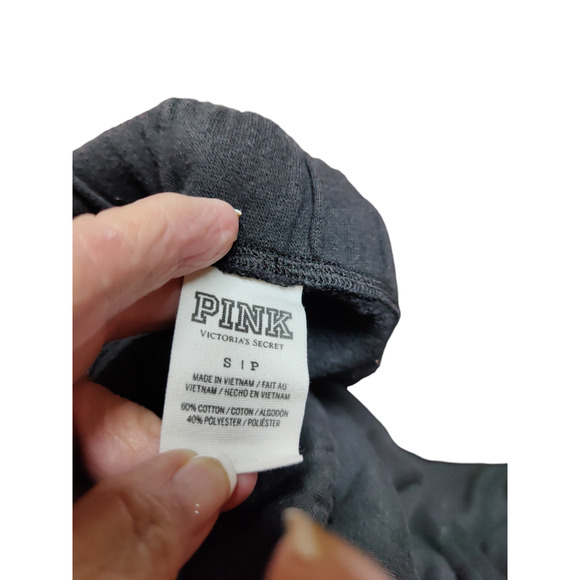 Pink Victoria Secret black sweat pants pull tie waist, light blue labeling - Picture 5 of 6